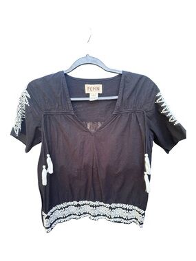 Pepin Black Short Sleeve Embroidered Tassel Top